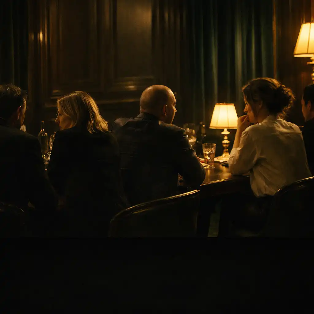 Invités non identifiables échangeant autour d’une longue table dans un salon privé nocturne