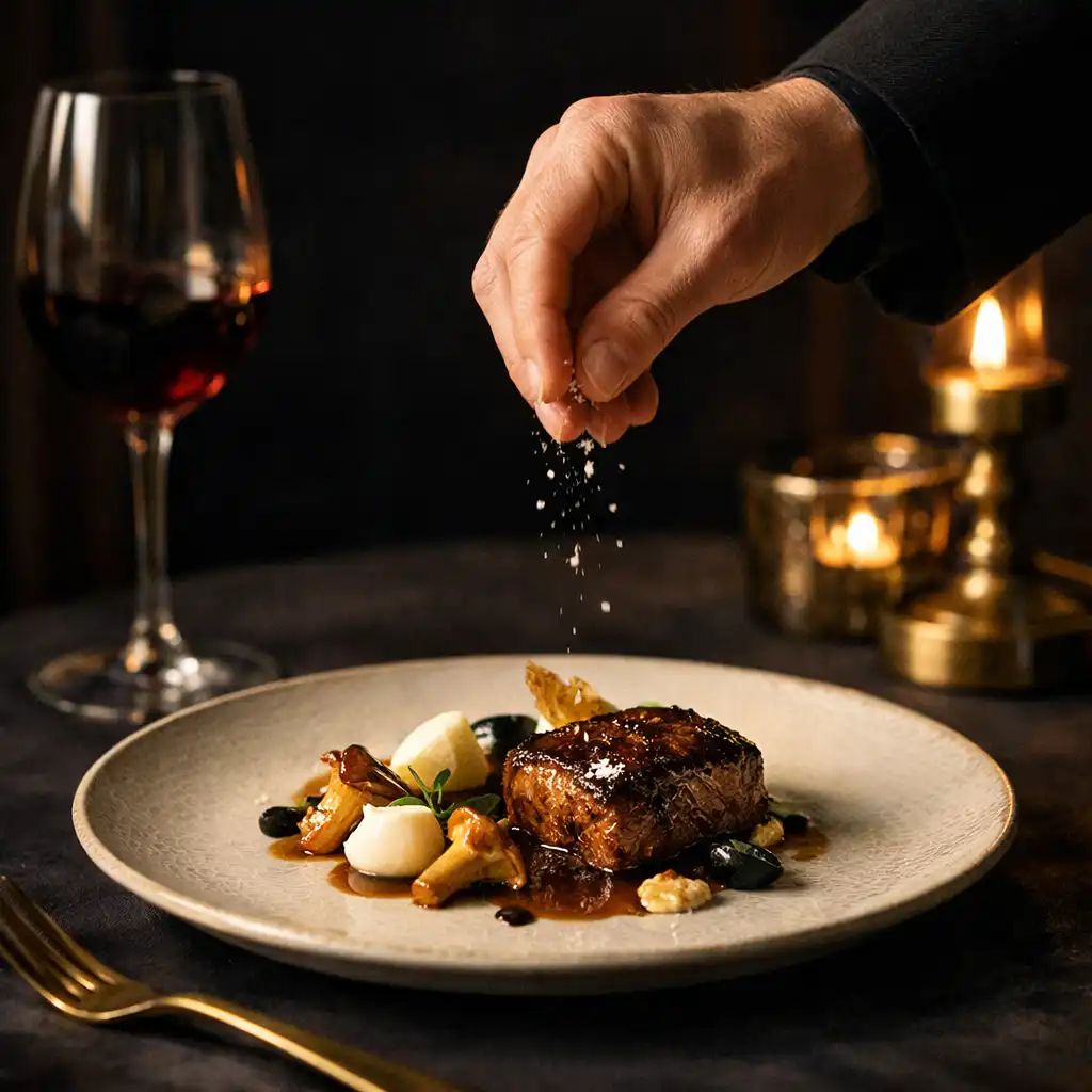Assiette de haute gastronomie sur table sombre, éclairée par une bougie