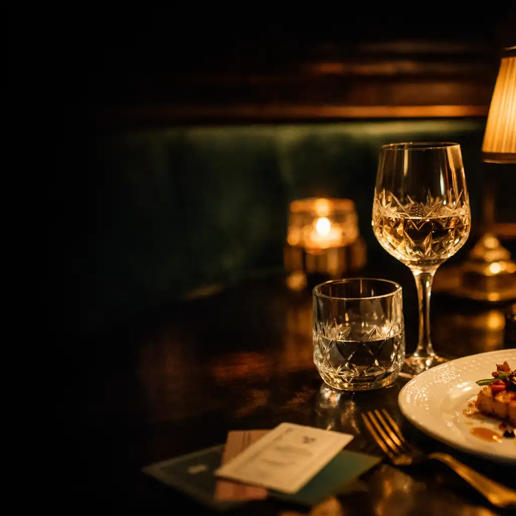 Table privée nocturne avec assiette raffinée, verres et tapis vert bouteille suggéré