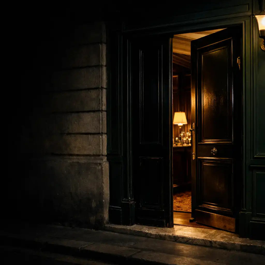 Entrée discrète et éclairée d’une maison privée parisienne la nuit