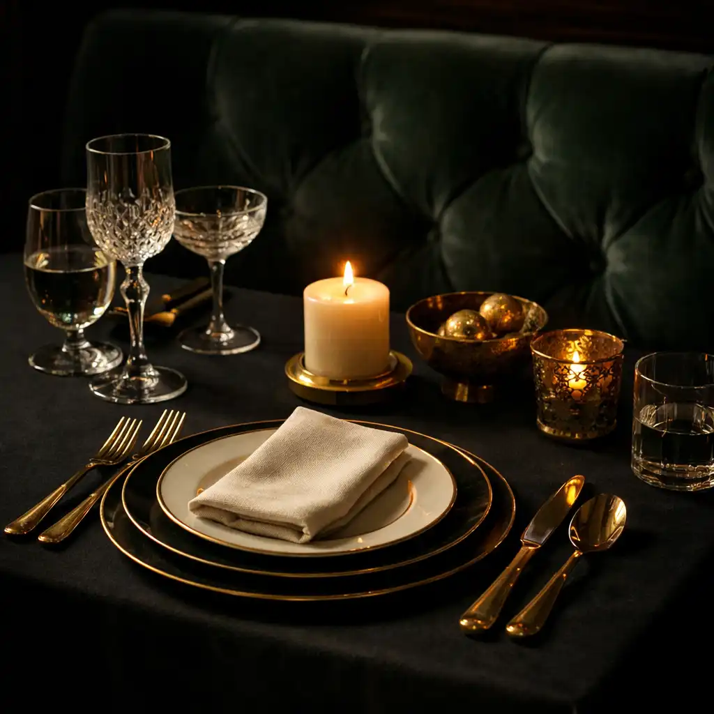 Table privée dressée avec verrerie, bougie basse et banquette de velours vert bouteille