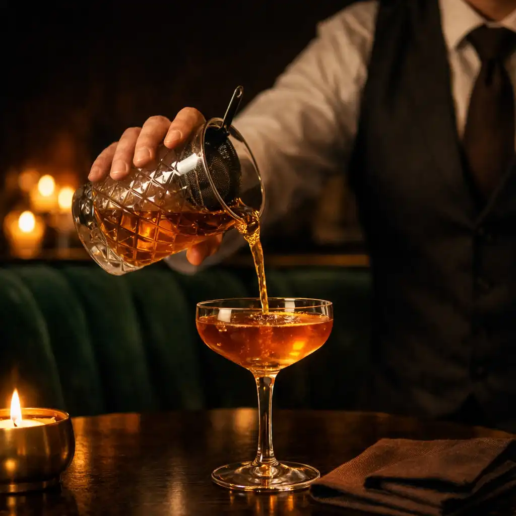 Service d’un cocktail signature dans une salle privée éclairée d’une lumière ambrée.
