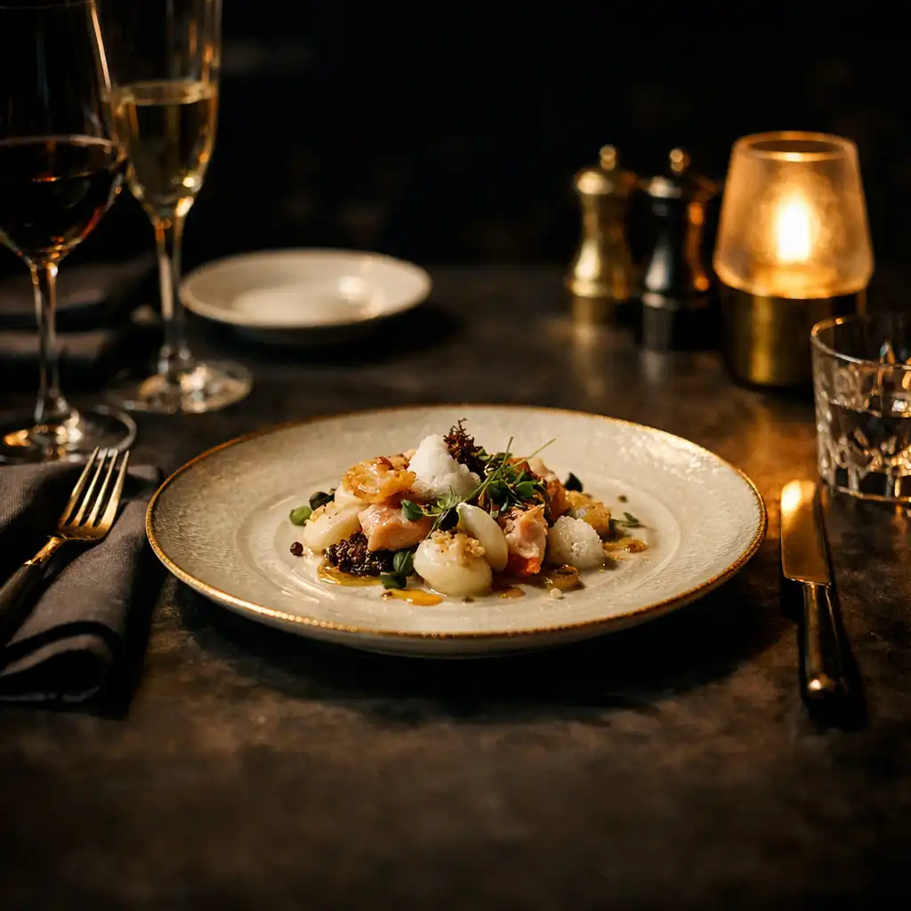 Table de dîner dressée dans une lumière tamisée