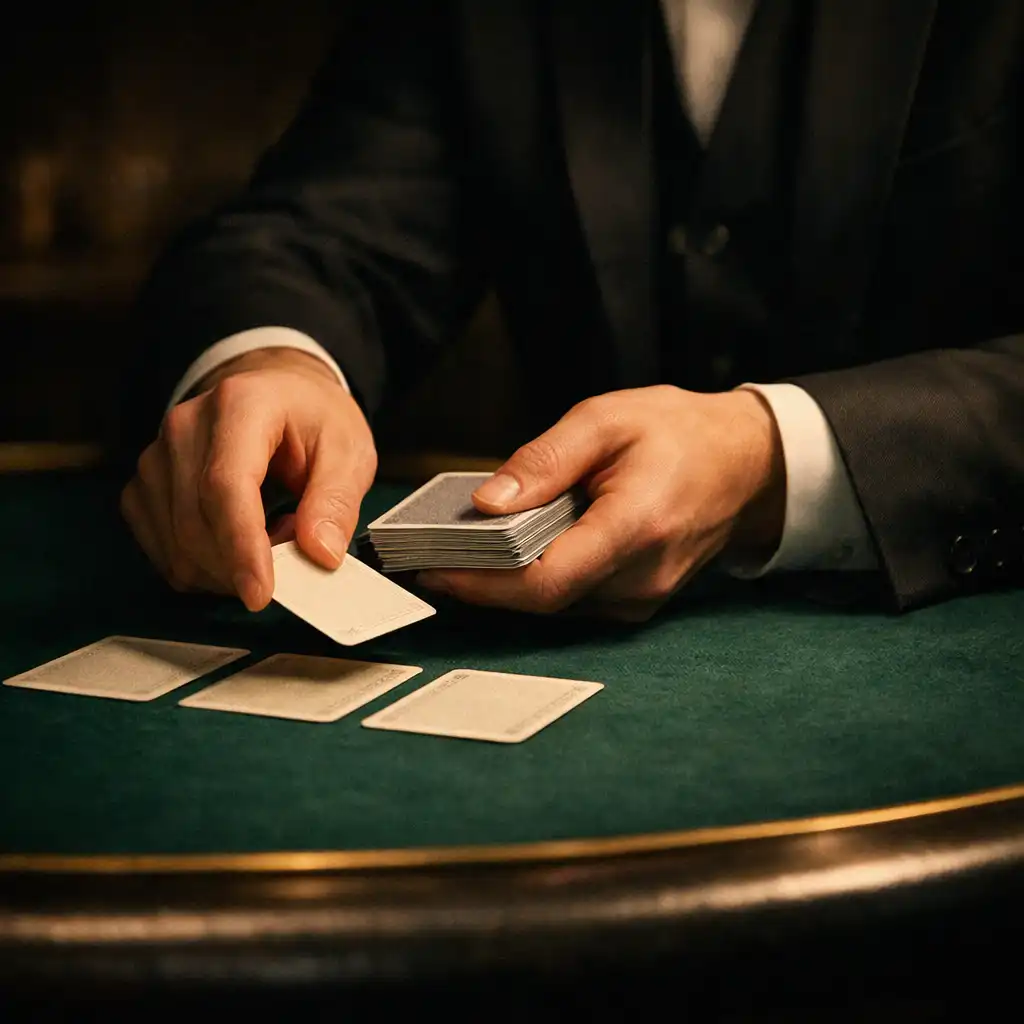 Mains d’un croupier professionnel distribuant des cartes sur une table feutrée