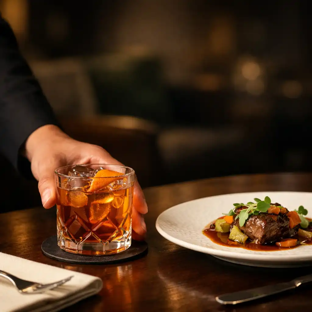 Geste de service d’un cocktail près d’une assiette sur une table sombre