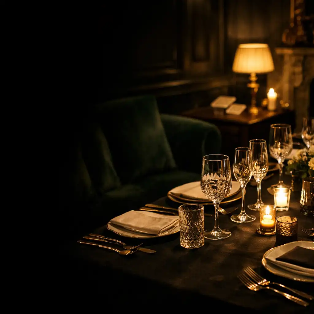 Table de dîner privée et verrerie dans un salon sombre et feutré
