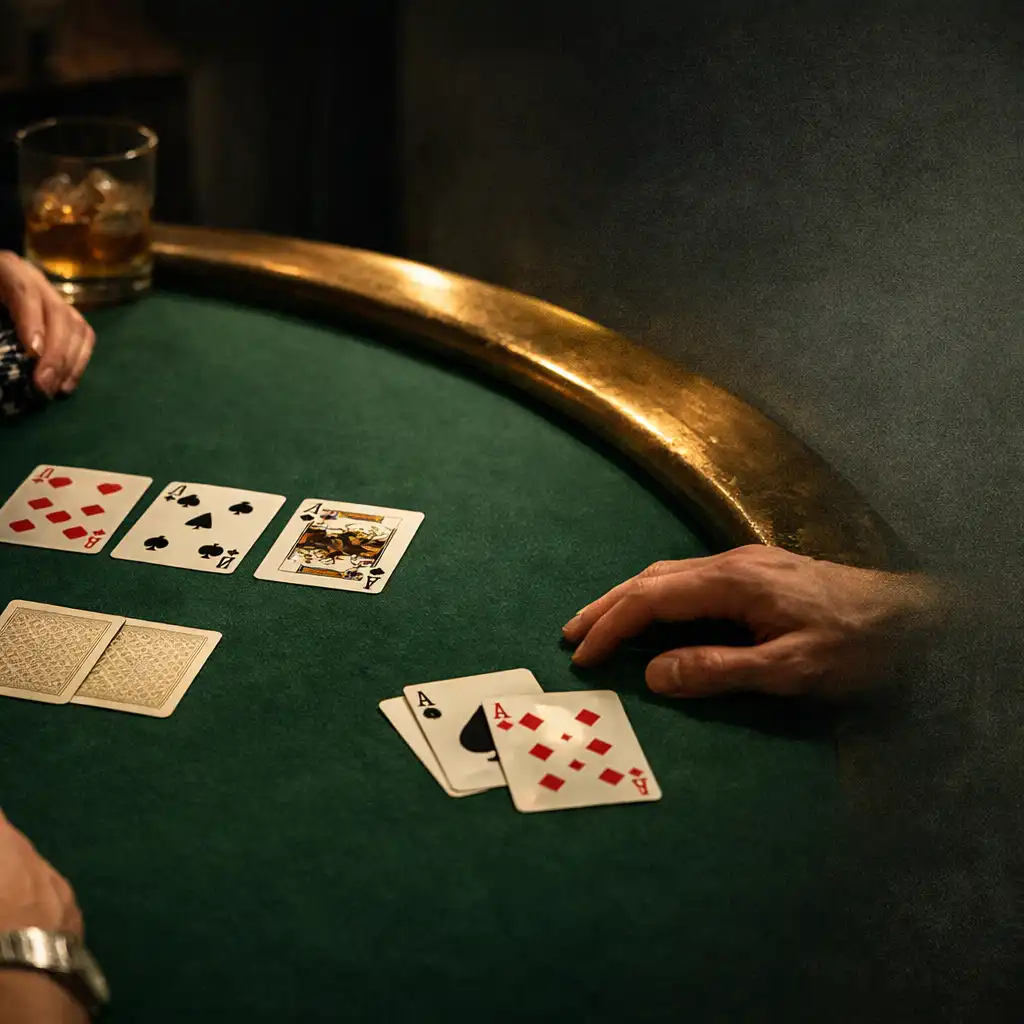 Mains anonymes autour d’une table de poker en feutre vert bouteille