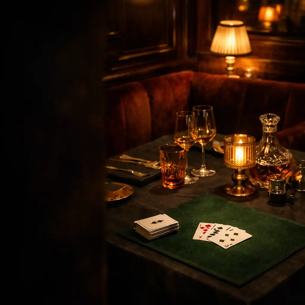 Table privée nocturne dressée avec verrerie ambrée et tapis vert bouteille discret