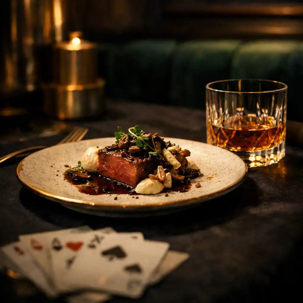 Assiette raffinée, verre ambré et cartes discrètes sur une table intime
