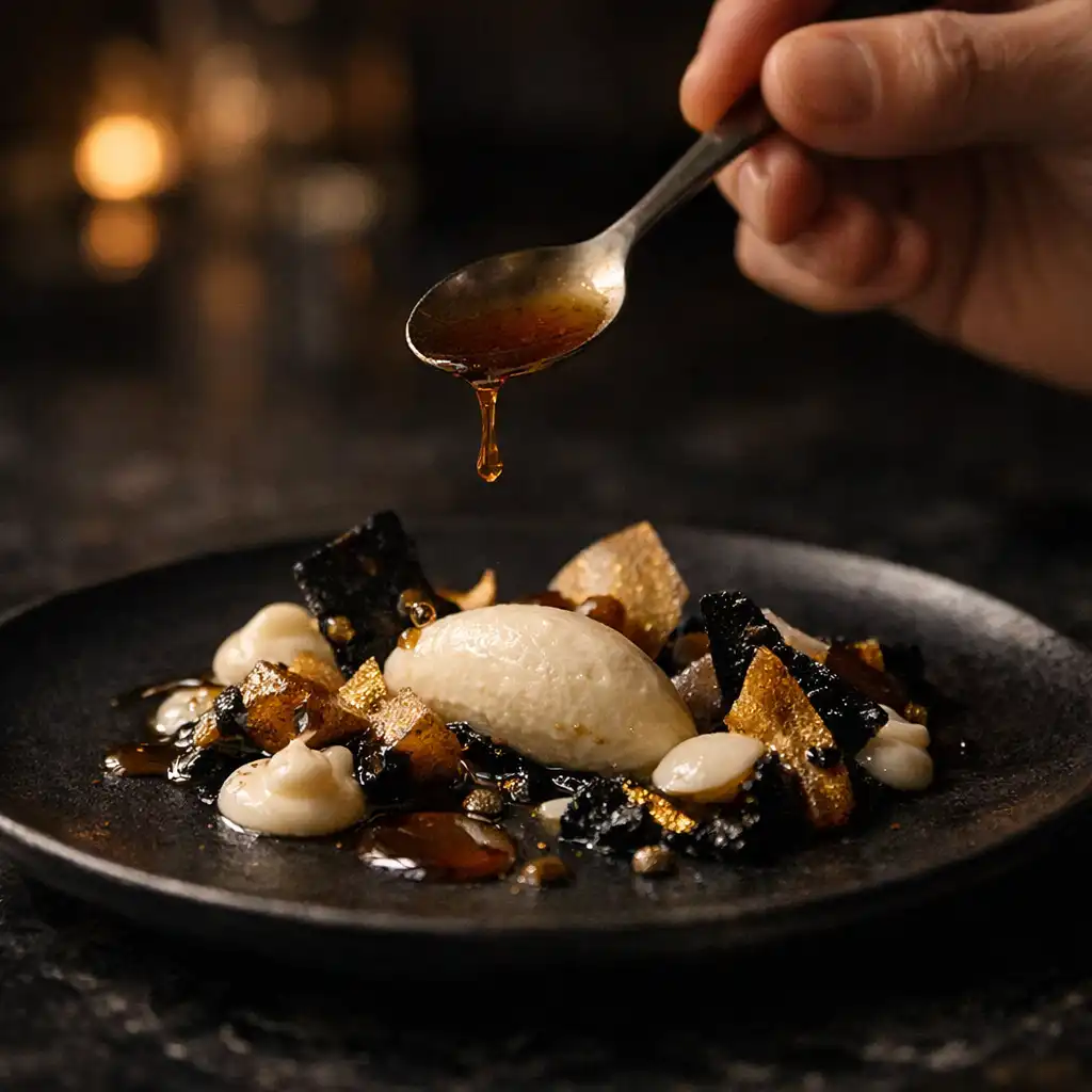 Assiette gastronomique en cours de finition par une main de service
