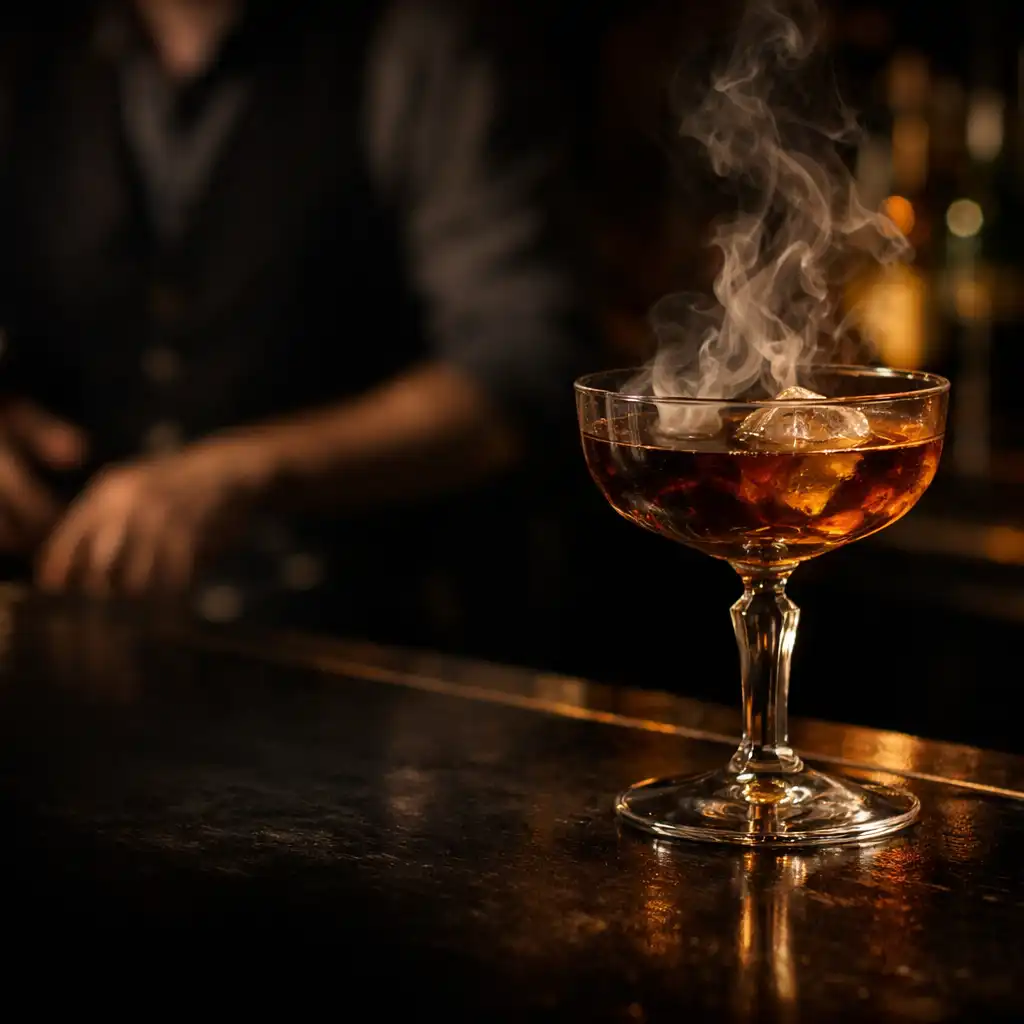 Cocktail signature fumé dans une verrerie fine sur un comptoir sombre.