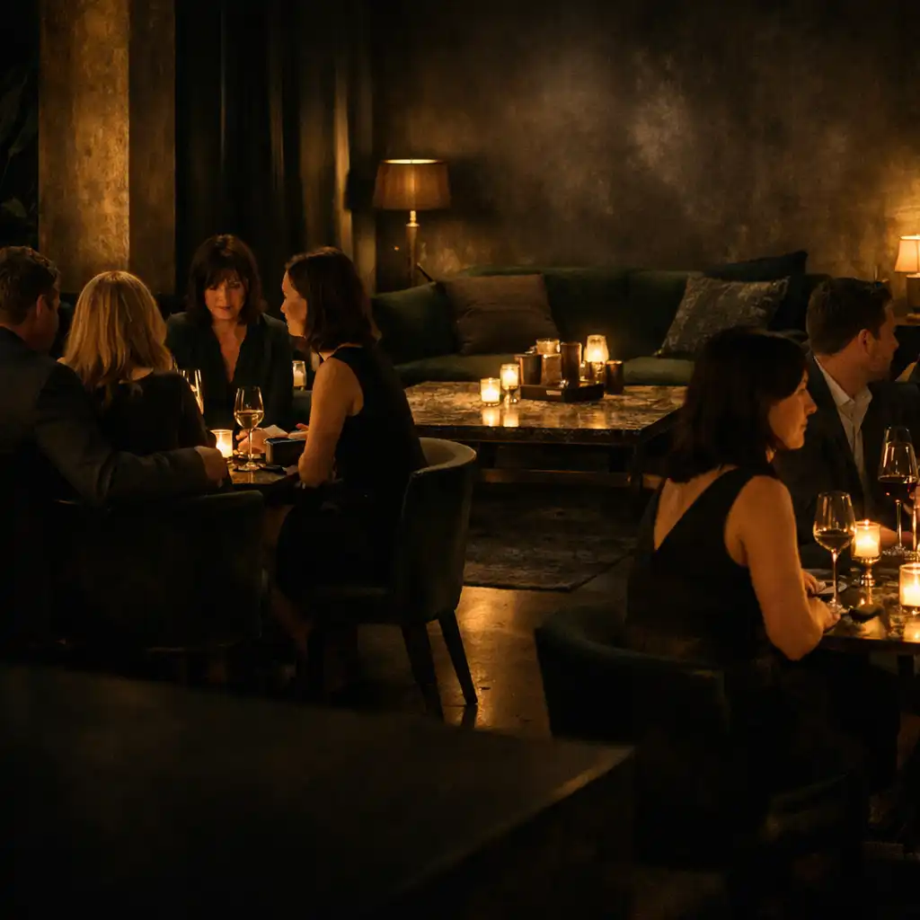 Salle sombre où des invités non identifiables échangent autour de tables éclairées