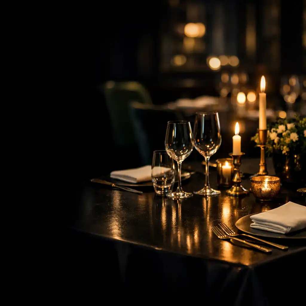 Table privée dressée dans une lumière nocturne, avec verrerie et reflets chauds