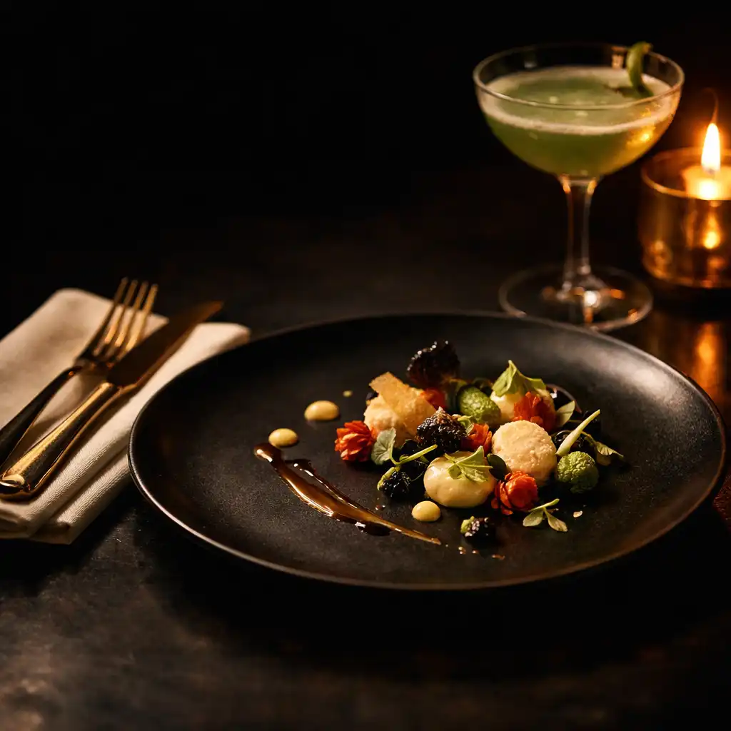 Assiette gastronomique raffinée sur une table sombre avec verrerie et lumière de bougie.