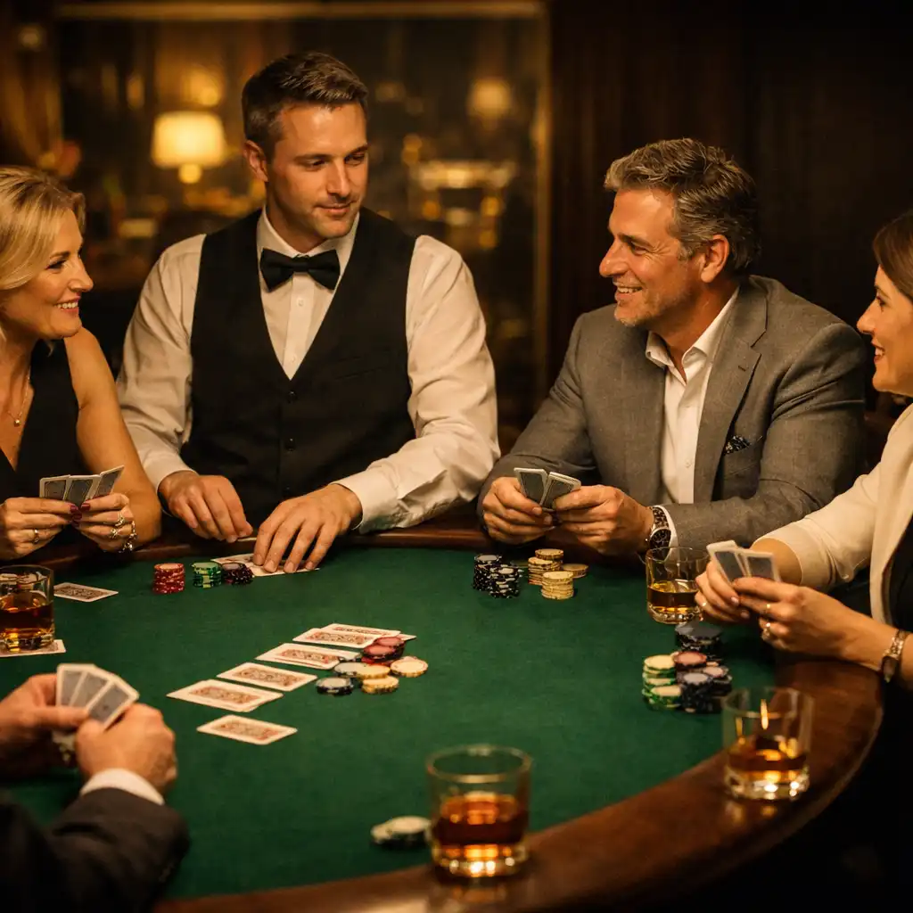 Invités adultes et croupier autour d’une table de poker privée en feutre vert bouteille.