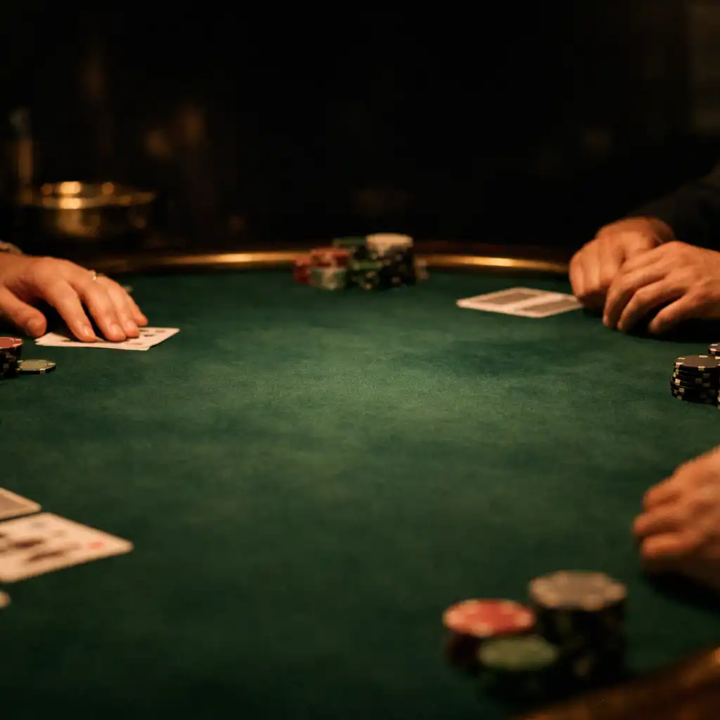 Table de poker privée en velours vert avec mains anonymes autour du feutre