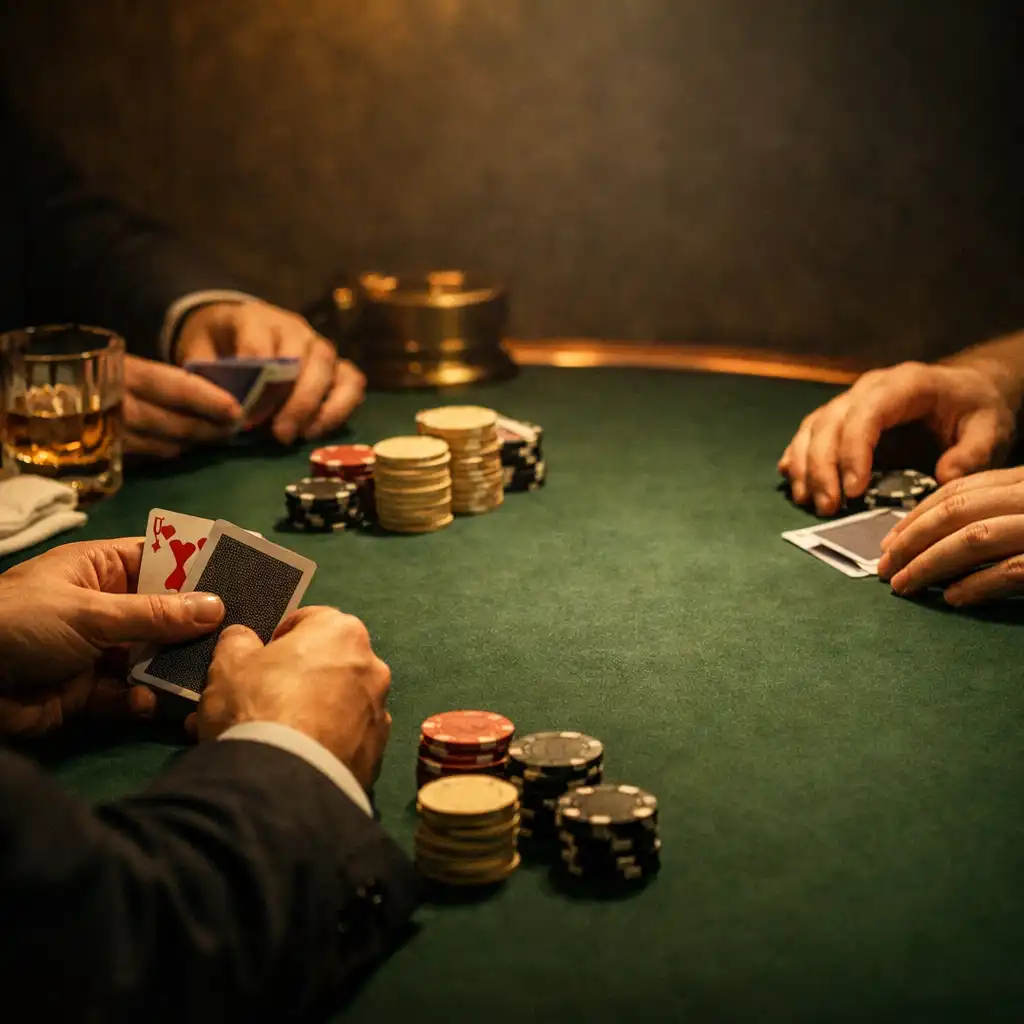 Mains adultes attentives autour d’un tapis de poker vert foncé