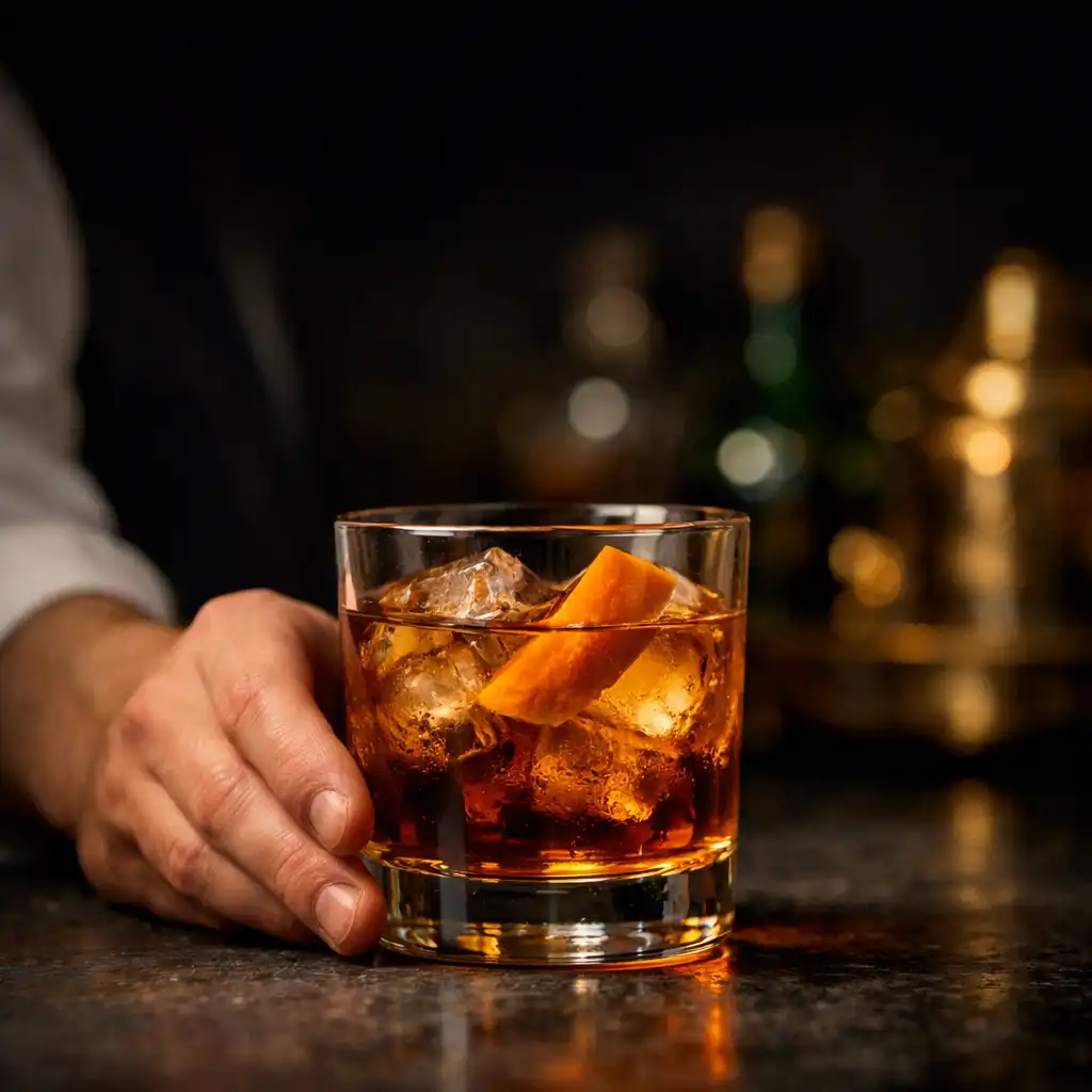 Verre ambré sur un comptoir de pierre sombre