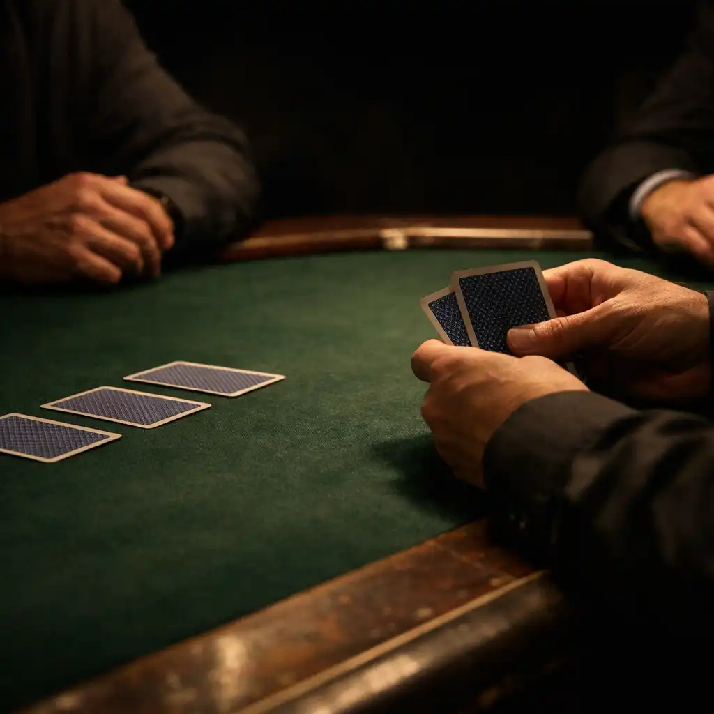 Mains anonymes autour d’une table de poker en feutre vert