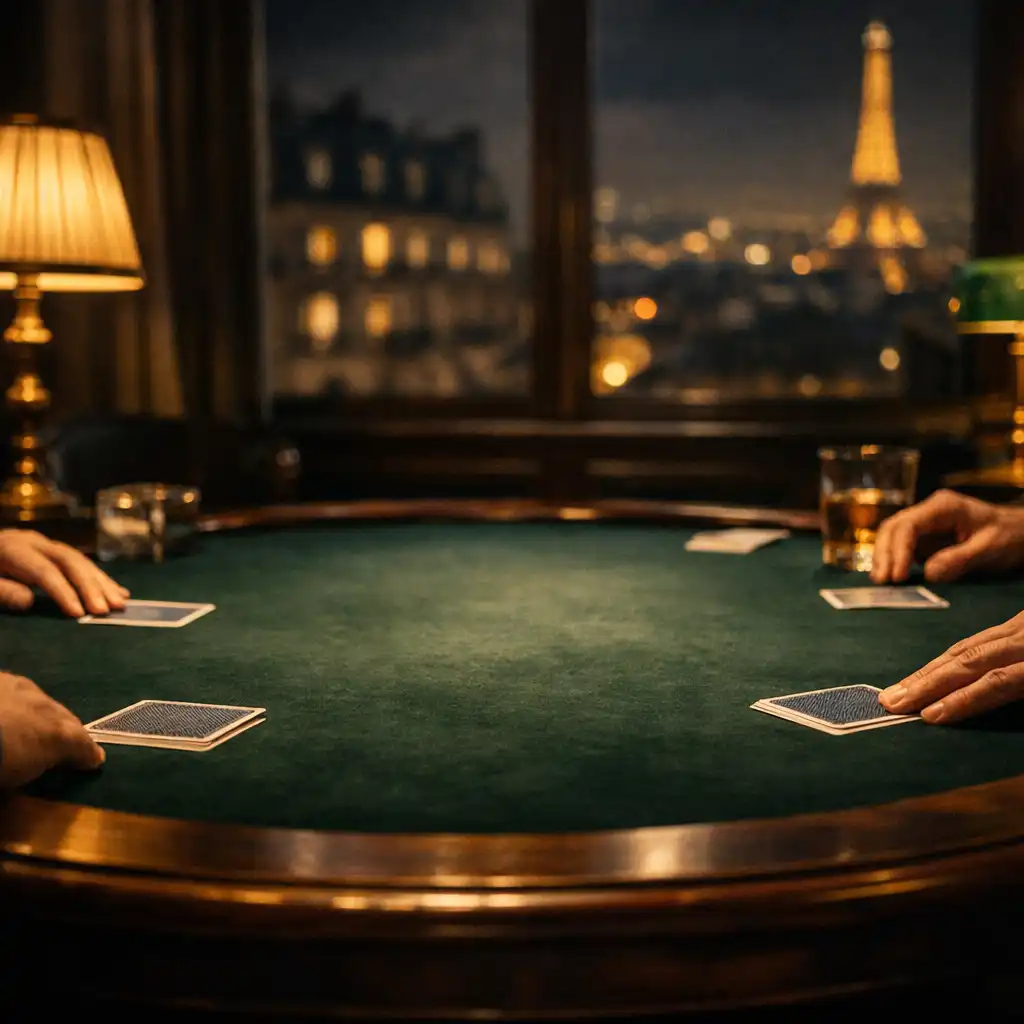 Salon de poker privé à la lumière ambrée, avec des mains adultes reposant calmement près de cartes face cachée