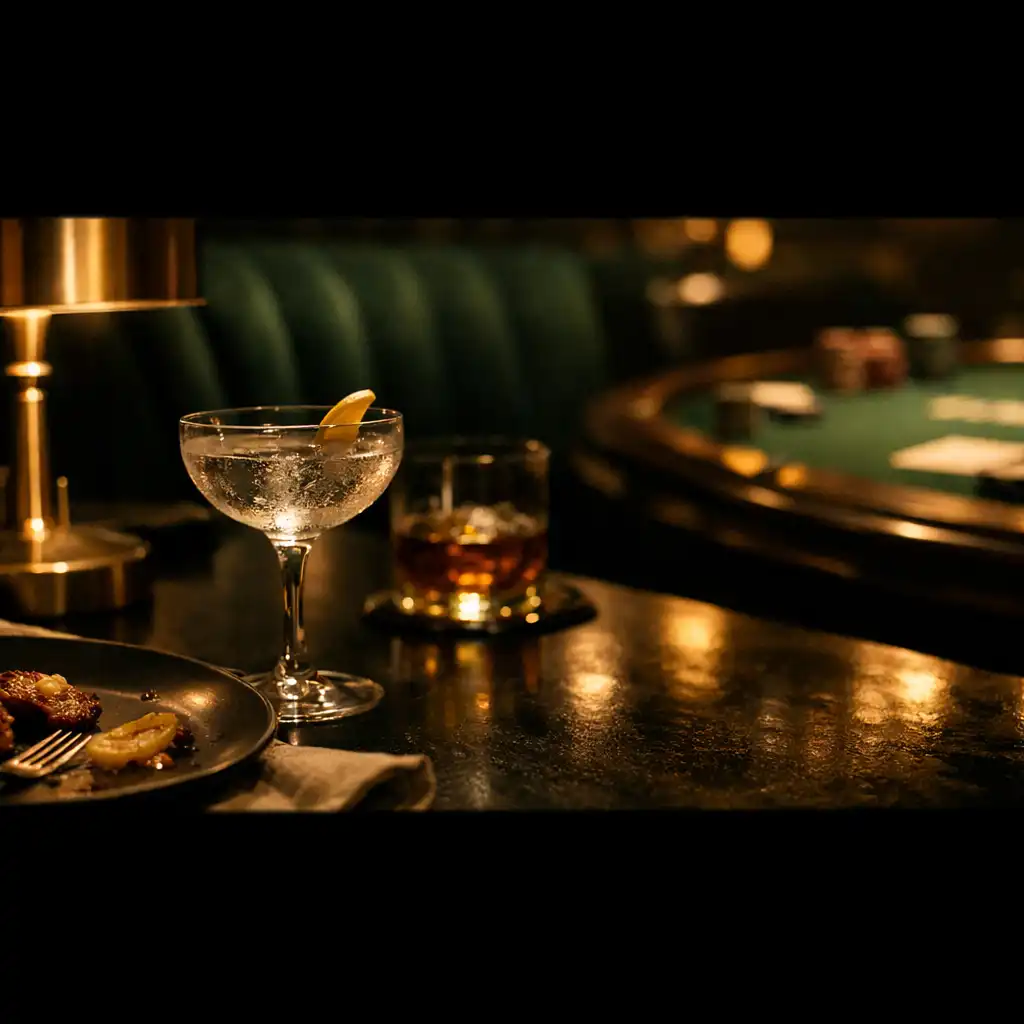 Verre à cocktail, assiette et lumière chaude sur une table de soirée privée