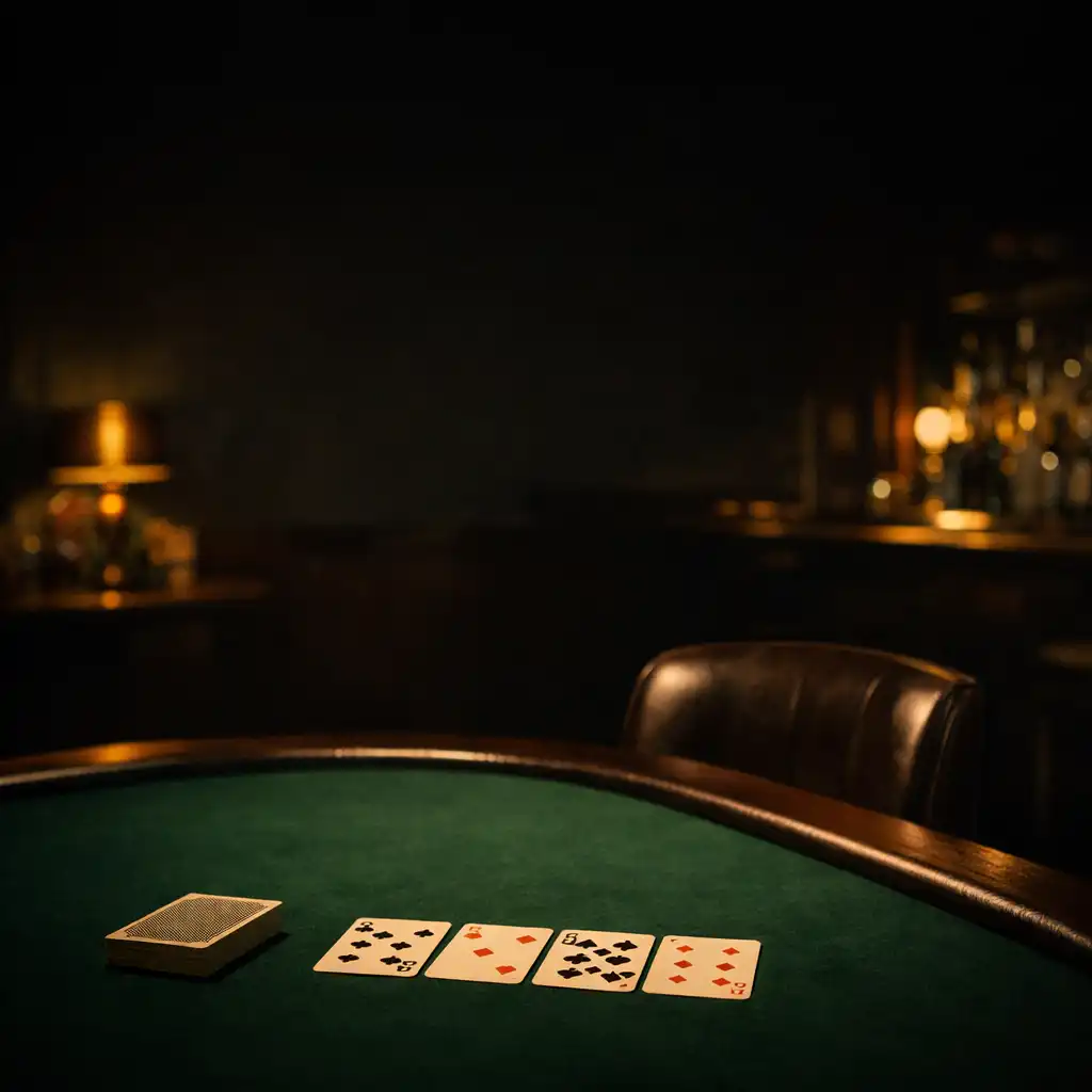 Table de poker calme en velours vert bouteille avec une chaise sombre entrouverte